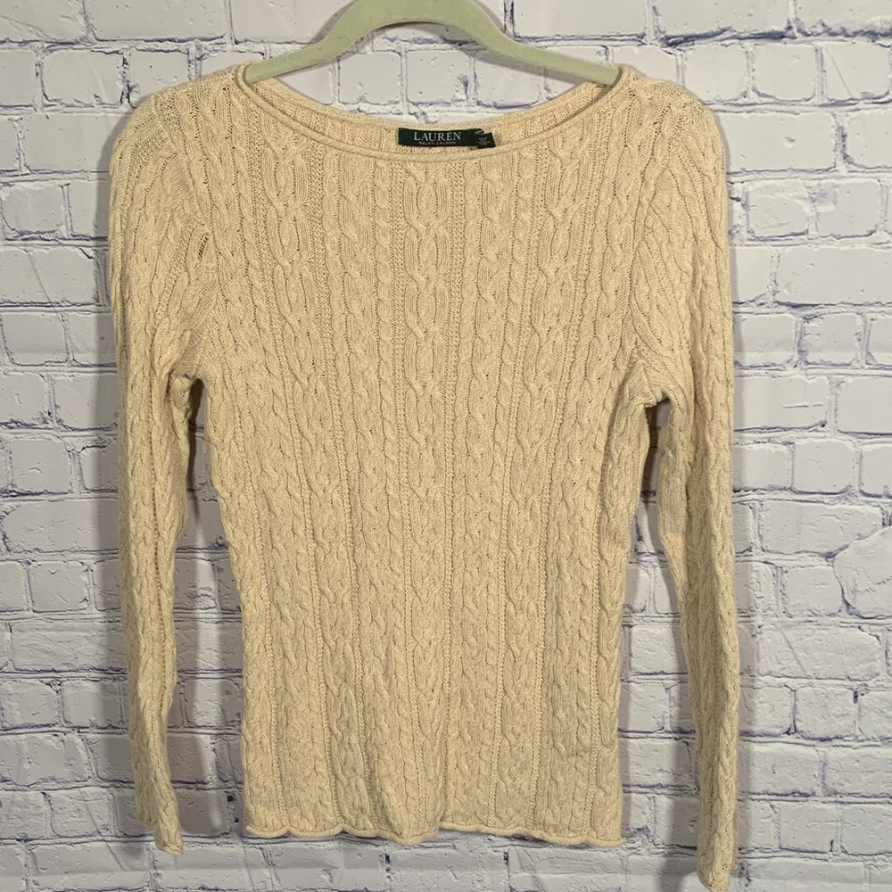 Lauren Ralph Lauren Lightweight Cable Knit Sweater Crew Neck Tan Size M Casual